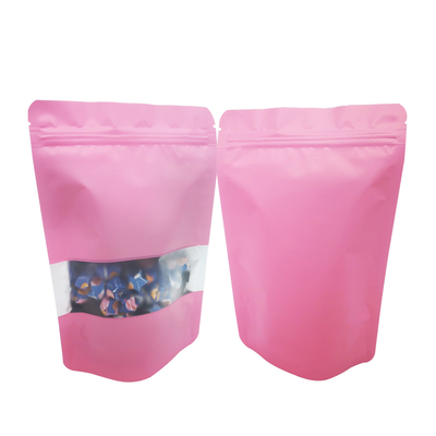 Mua Khép kín bằng nhiệt Khép kín lại bằng màu hồng Solid Foil Liner Mylar Stand Up Zipper Poch Bags với cửa sổ để đóng gói thực phẩm online manufacture