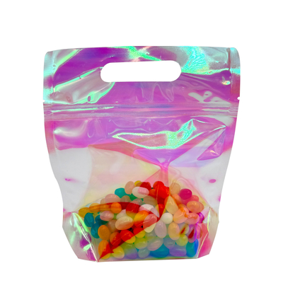 Mua Thẻ đặc biệt màu hồng tỏa sáng màu holographic Stand Up Bags với Zipper và lỗ tay cầm cho bao bì phụ kiện thực phẩm online manufacture