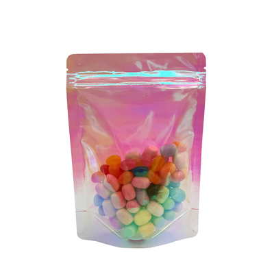 Mua Thẻ: Custom Rainbow Holographic Pink Color Stand Up Bags with Resealable Zipper để đóng gói thực phẩm, kẹo, phụ kiện, online manufacture