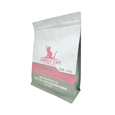 2500g Custom Matte White 8 mặt Seal AL Foil phủ Quảng trường Box Bottom Pet Food Packaging Bags with Easy-open Zipper