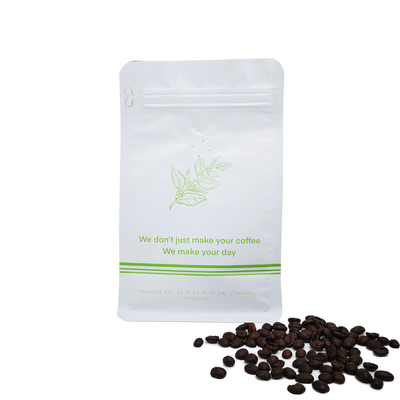 Thẻ tùy chỉnh 340 gram 12oz màu trắng phẳng dưới túi cà phê với van phía trước xé off Ziplock